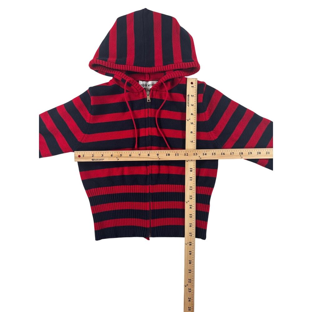 Urban Weekend Juniors Cropped Striped Knit Zip Up Jacket - Red Black - Large - Picture 3 of 5